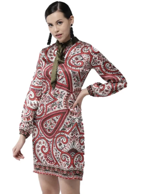 Generic Women's Polyester Printed Long Sleeves Above Knee Dress (Red)