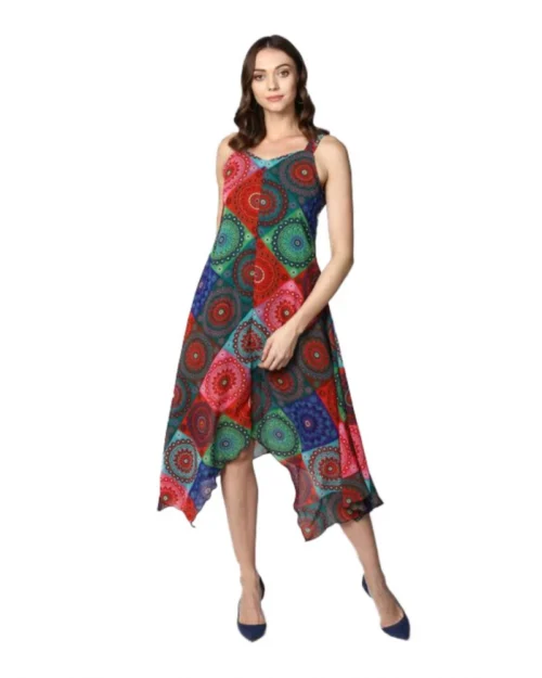 Generic Women's Polyester Asymmetrical Shoulder Straps Knee-Length Dress (Multicolor)