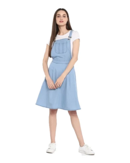 Generic Women's Denim Solid Sleeveless Above Knee Dress (Blue)