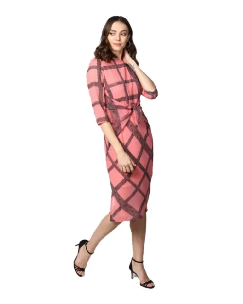 Generic Women's Polyester Checkered 3-4th Sleeves Below Knee Dress (Pink - Black)