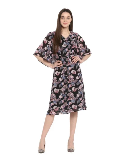 Generic Women's Polyester Floral Short Sleeve Knee-Length Dress (Black - Multicolor)