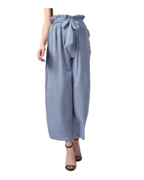 Generic Women's Polyester Striped Elasticated Trousers (Blue)