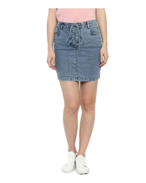 Generic Women's Denim Draw String Buttoned Skirt (Blue)