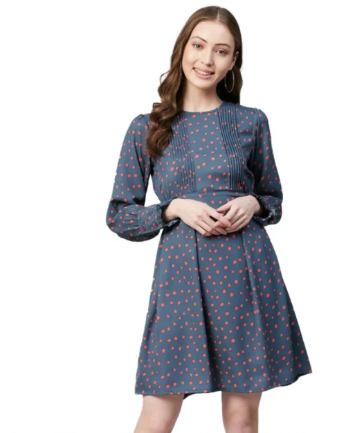 Generic Women's Polyester Polka Long Sleeves Above Knee Dress (Grey - Coral)