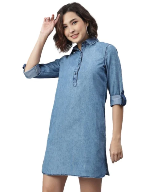 Generic Women's Denim Solid Long Sleeves Above Knee Dress (Ice Blue)