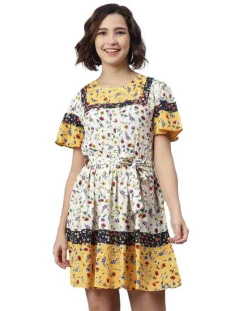 Generic Women's Polyester Floral Flutter Above Knee Dress (Multicolor)