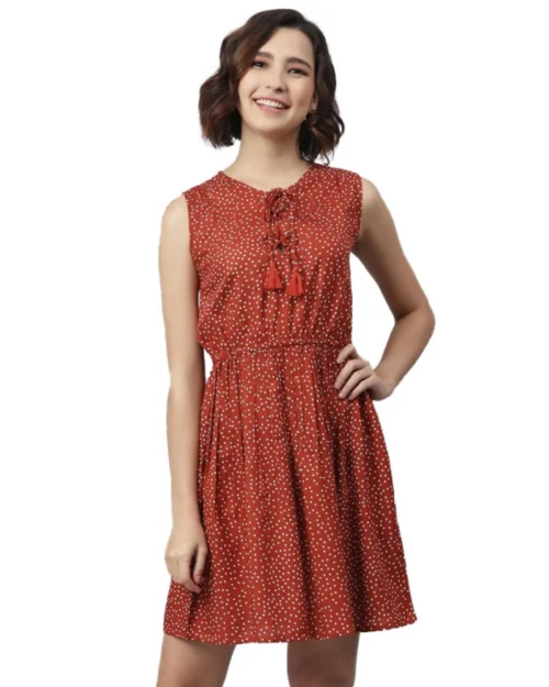 Generic Women's Rayon Polka Sleeveless Above Knee Dress (Rust)