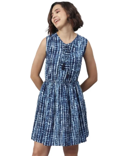 Generic Women's Rayon Tie & Dye Sleeveless Above Knee Dress (Blue)