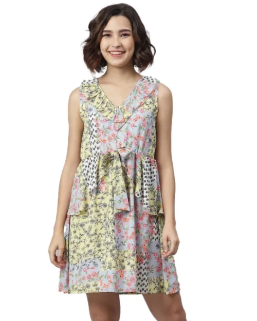 Generic Women's Polyester Peplum Sleeveless Above Knee Dress (Multicolor)