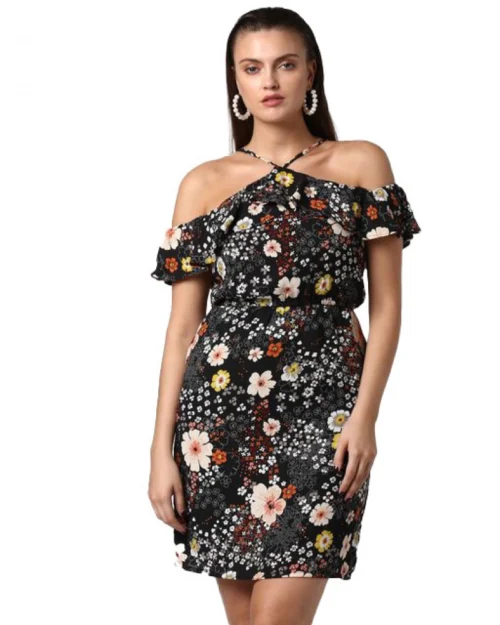 Generic Women's Polyester Floral Cold Shoulder Above Knee Dress (Black)