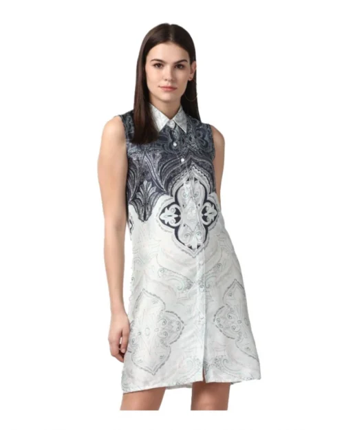 Generic Women's Polyester Printed Sleeveless Above Knee Dress (Blue)