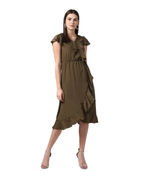 Generic Women's Polyester Ruffled Cap Sleeve Knee-Length Dress (Olive)