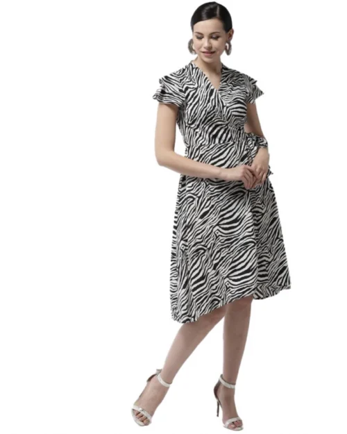 Generic Women's Polyester Animal Print Short Sleeve Knee-Length Dress (Black - White)