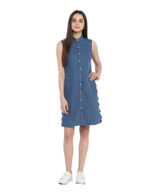 Generic Women's Denim Solid Sleeveless Above Knee Dress (Blue)