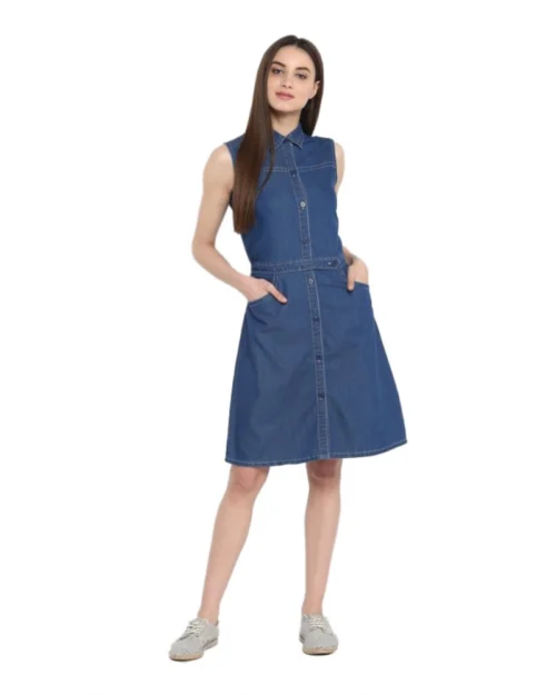 Generic Women's Denim Solid Sleeveless Above Knee Dress (Blue)