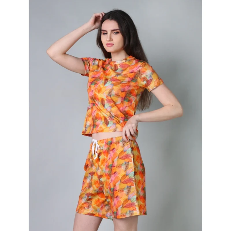 Generic Women's Cotton Blended Printed Round Neck Half Sleeve Top - Shorts Set (Yellow)