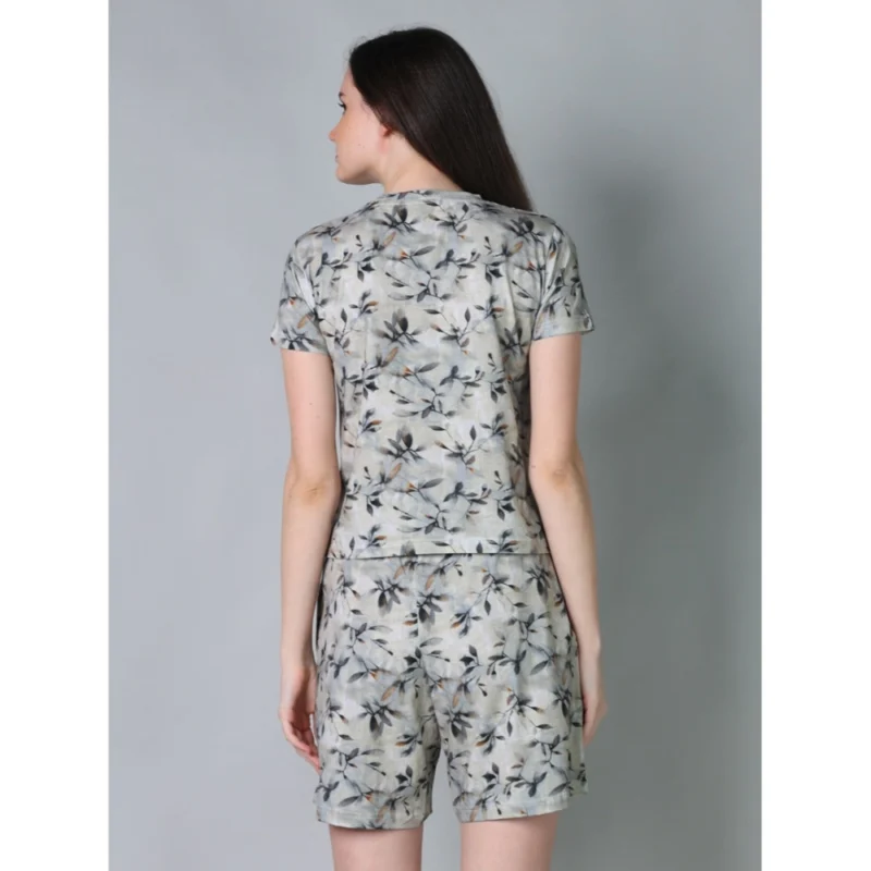 Generic Women's Cotton Blended Printed Round Neck Half Sleeve Top - Shorts Set (Grey)