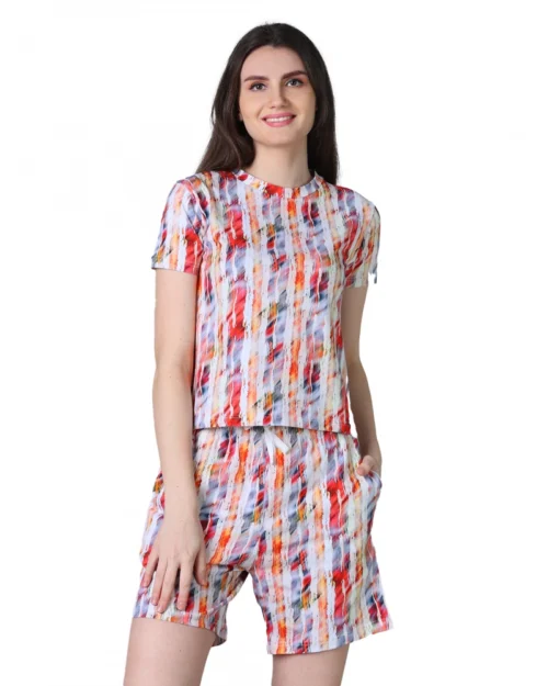 Generic Women's Cotton Blended Printed Round Neck Half Sleeve Top - Shorts Set (Red)