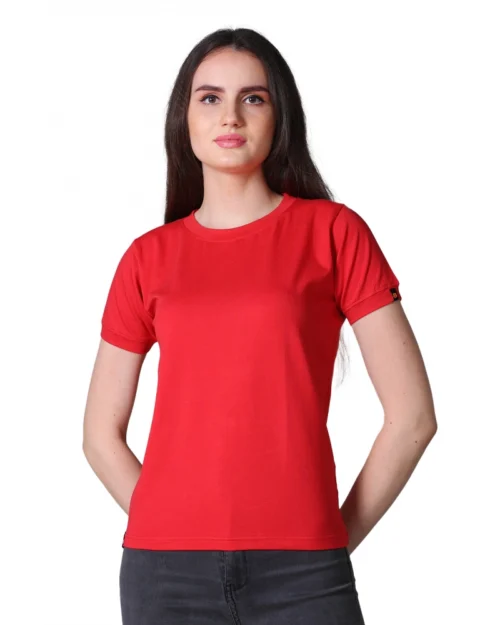 Generic Women's Cotton Blended Solid Round Neck Half Sleeve T-Shirt (Red)