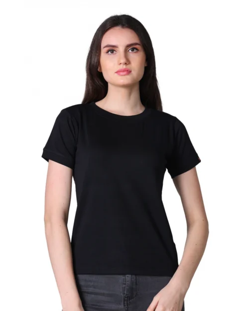 Generic Women's Cotton Blended Solid Round Neck Half Sleeve T-Shirt (Black)