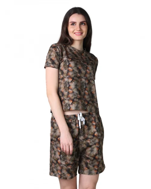 Generic Women's Cotton Blended Printed Round Neck Half Sleeve Top - Shorts Set (Brown)