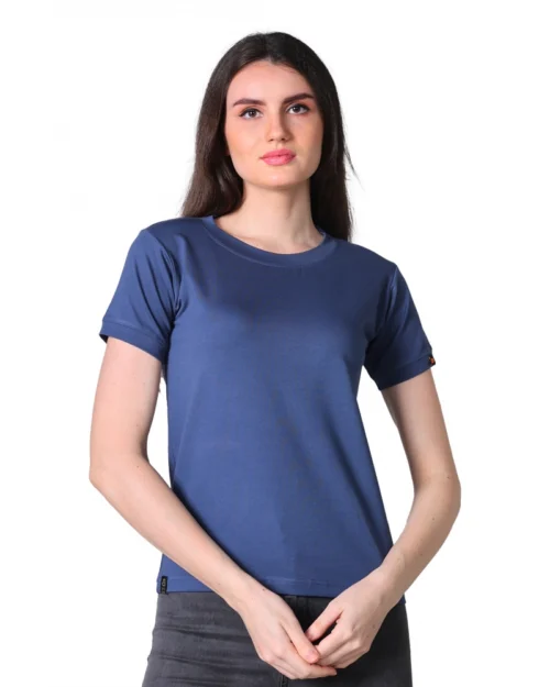 Generic Women's Cotton Blended Solid Round Neck Half Sleeve T-Shirt (Blue)