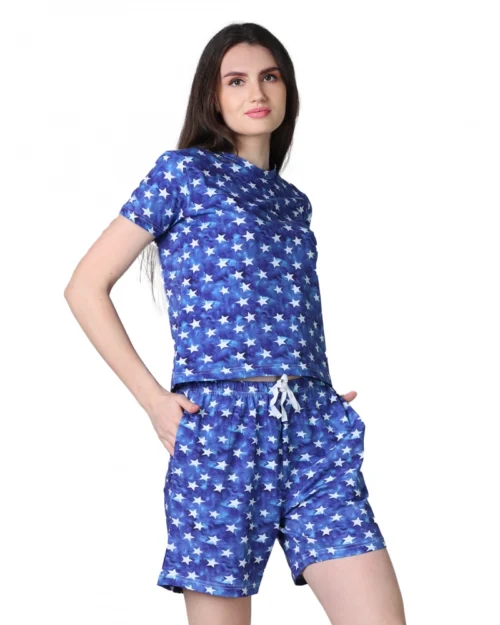 Generic Women's Cotton Blended Printed Round Neck Half Sleeve Top - Shorts Set (Blue)
