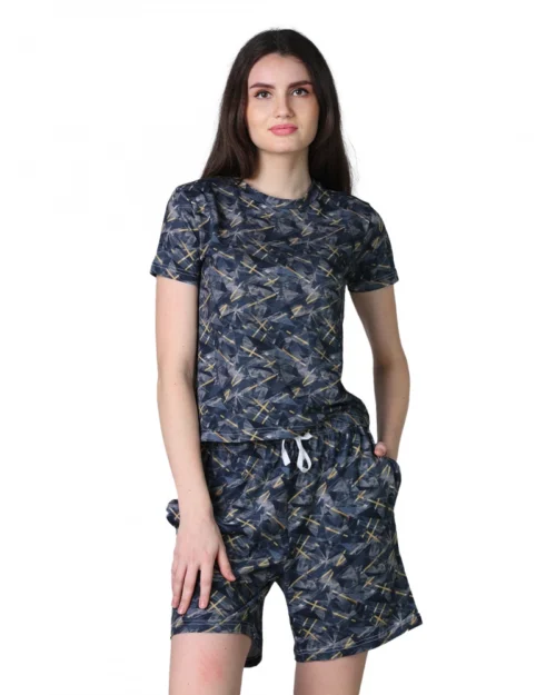 Generic Women's Cotton Blended Printed Round Neck Half Sleeve Top - Shorts Set (Navy)