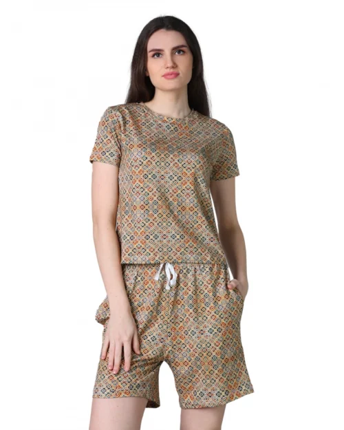 Generic Women's Cotton Blended Printed Round Neck Half Sleeve Top - Shorts Set (Beige)