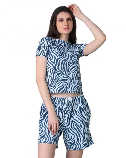 Generic Women's Cotton Blended Printed Round Neck Half Sleeve Top - Shorts Set (Blue)