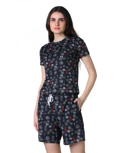 Generic Women's Cotton Blended Printed Round Neck Half Sleeve Top - Shorts Set (Black)