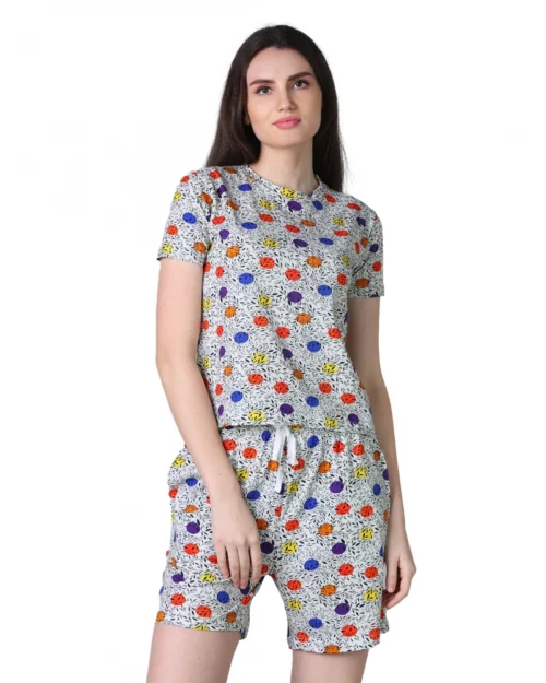Generic Women's Cotton Blended Printed Round Neck Half Sleeve Top - Shorts Set (Grey)