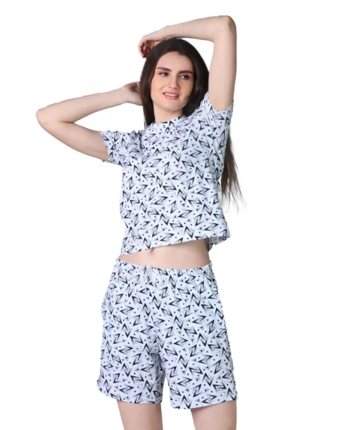 Generic Women's Cotton Blended Printed Round Neck Half Sleeve Top - Shorts Set (White-Black)