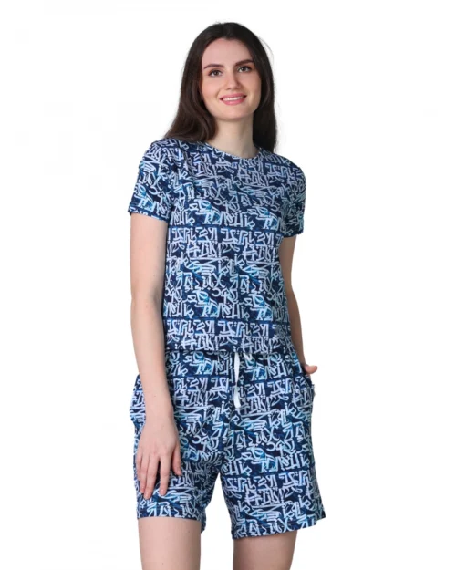 Generic Women's Cotton Blended Printed Round Neck Half Sleeve Top - Shorts Set (White-Blue)