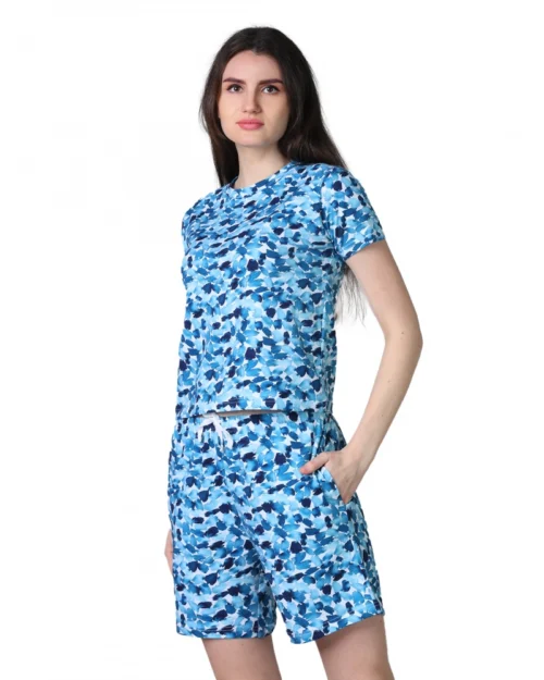 Generic Women's Cotton Blended Printed Round Neck Half Sleeve Top - Shorts Set (SkyBlue)