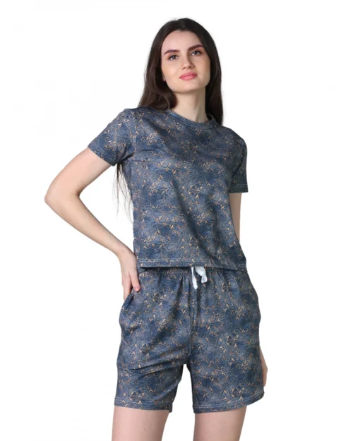 Generic Women's Cotton Blended Printed Round Neck Half Sleeve Top - Shorts Set (Blue)