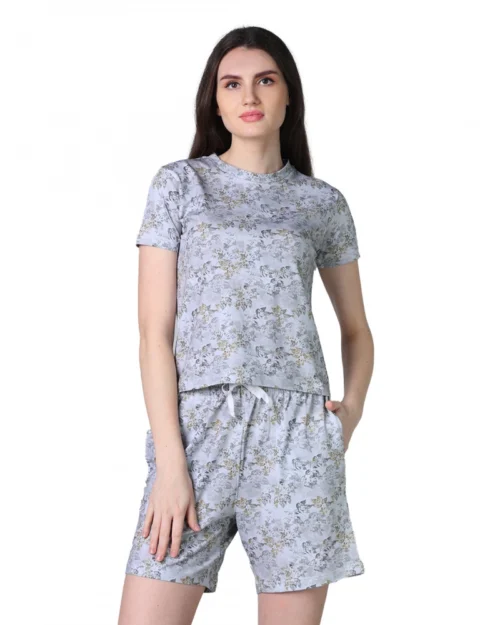 Generic Women's Cotton Blended Printed Round Neck Half Sleeve Top - Shorts Set (Grey)