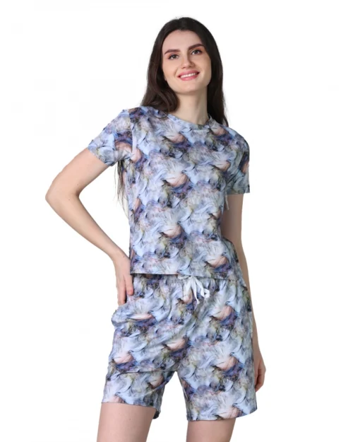 Generic Women's Cotton Blended Printed Round Neck Half Sleeve Top - Shorts Set (Blue-Peach)