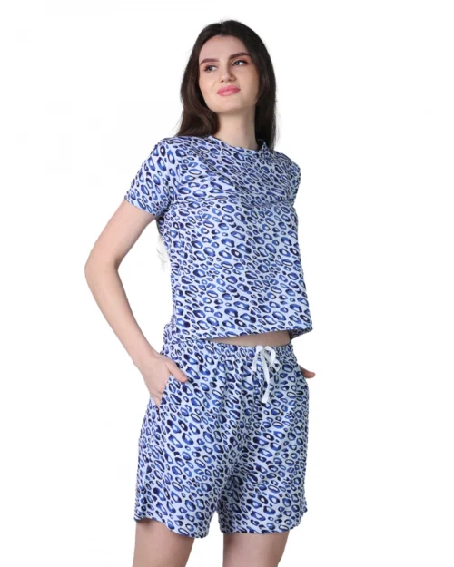 Generic Women's Cotton Blended Printed Round Neck Half Sleeve Top - Shorts Set (Blue)