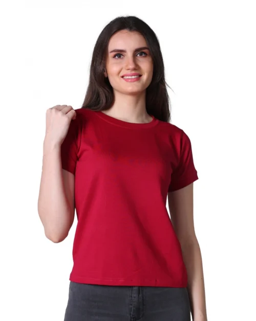 Generic Women's Cotton Blended Solid Round Neck Half Sleeve T-Shirt (Maroon)