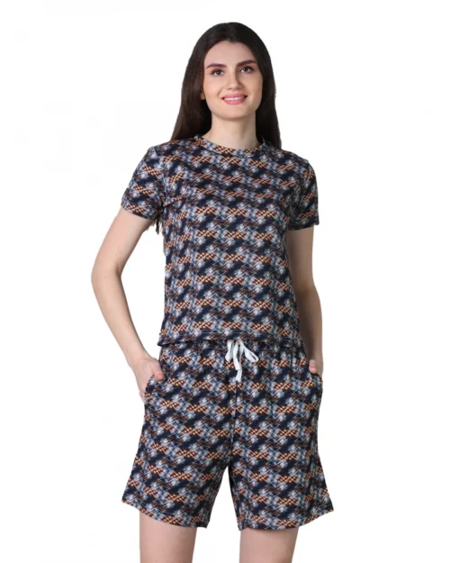 Generic Women's Cotton Blended Printed Round Neck Half Sleeve Top - Shorts Set (Blue-Brown)