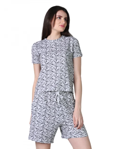 Generic Women's Cotton Blended Printed Round Neck Half Sleeve Top - Shorts Set (Off_White)