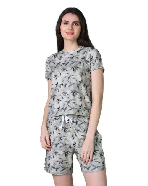 Generic Women's Cotton Blended Printed Round Neck Half Sleeve Top - Shorts Set (Grey)