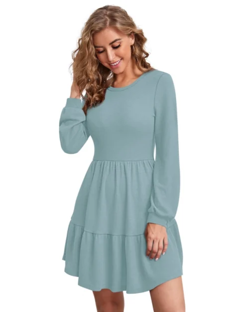 Generic Women's Knitting stretchable Solid Round Neck Full Sleeve Dress (Pista)