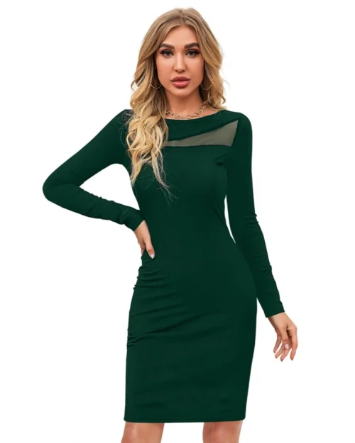 Generic Women's Knitting stretchable Solid Round Neck Full Sleeve Dress (Green )