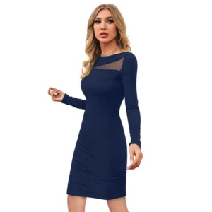 Generic Women's Knitting stretchable Solid Round Neck Full Sleeve Dress (Blue )