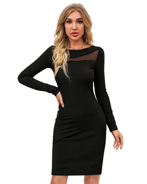 Generic Women's Knitting stretchable Solid Round Neck Full Sleeve Dress (Black)