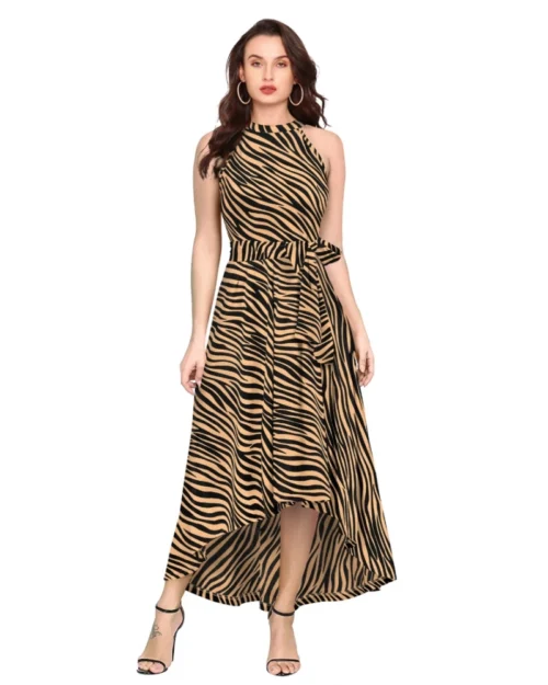 Generic Women's Polyester Zebra Pattern Halter Neck Sleeveless Dress (Yellow)