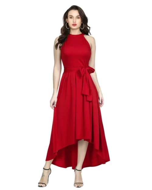 Generic Women's Polyster Solid Halter Neck Sleeveless Dress (Red)