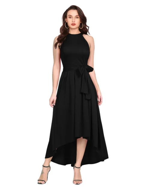 Generic Women's Polyster Solid Halter Neck Sleeveless Dress (Black)